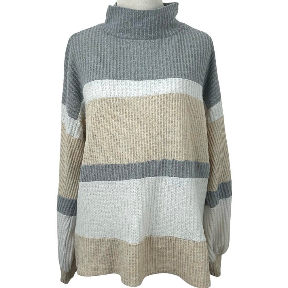 BKE Buckle Neutral Waffle Knit Sweater Colorblock Striped Turtleneck Small